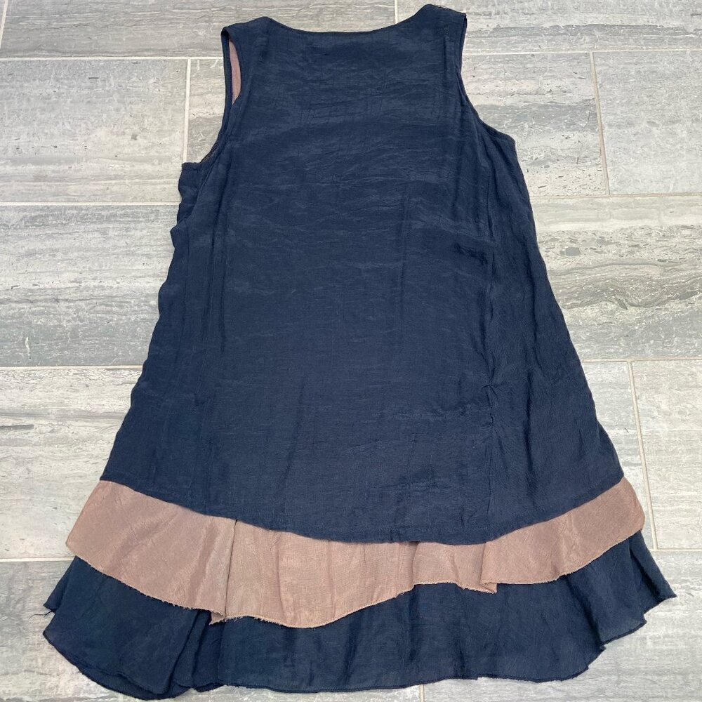 Nanako Sleeveless Layered Look Lagenlook Tunic/Dress Navy/Tan One Size - Picture 3 of 6
